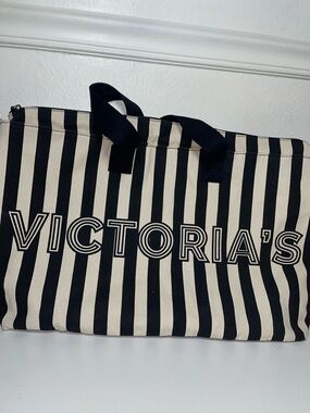 Victoria's Secret Black and Cream Striped Canvas Tote